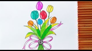 How To Draw A Bouquet Of Tulips Very easy  How to draw a flower bouquet Tulip Flower Bouquet [upl. by Velvet]