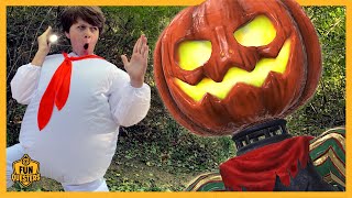 Ghostbusters Stay Puft vs Giant Scary Pumpkin Head Ghost Spooky Fun with Aaron amp LB [upl. by Itoc]