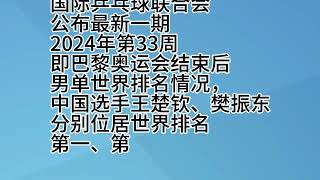 国际乒联最新公布，2024年第33周巴黎奥运会结束男单世界排名前十 [upl. by Brozak]