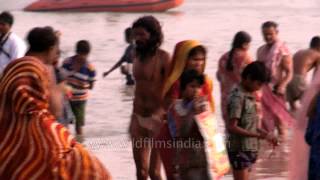 Devotees charge into the icy water at Ganga Sagar for a holy dip [upl. by Sixele]