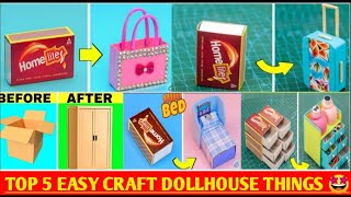 DIY Miniature Dollhouse Things  How to make Barbie dollhouse furniture BedDeskBag Almiraetc [upl. by Tips831]