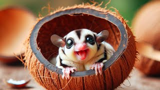 Baby sugar glider is so happy in the coconut shell  Sugar Glider ASMR Eating [upl. by Enilram342]