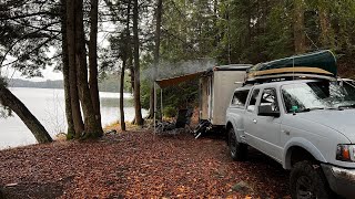 Remote Lakefront in our Cargo Trailer Good Food Rain Storm Woodstove [upl. by Lowell]