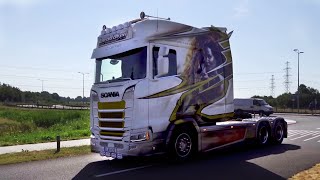 Truckstar Festival Assen 2018 with New Scania Longline V8 open pipes [upl. by Tletski328]