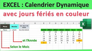 Calendrier dynamique sur Excel avec jours fériés en couleur 👍 [upl. by Nimaj633]