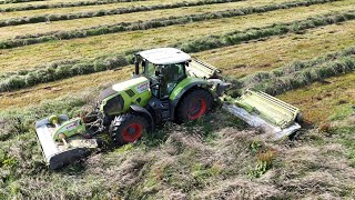 CLAAS AXION 870 mit CLAAS DISCO 3200 FC amp CLAAS DISCO 9100 C Mähkombination  fliegen bei Wind  4K [upl. by Ecinaej]