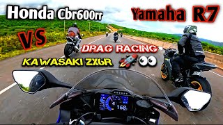 Drag Racing  Yamaha R7 Vs Honda Cbr600rr  Kawasaki ZX6R  Race  Cbr600rr  R7  Zx6r [upl. by Wehrle553]