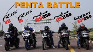 Pulsar RS200 vs Yamaha R15M vs Yamaha R15 V3 vs Suzuki Gixxer SF 250 vs Pulsar NS200 Drag Race [upl. by Gniw]