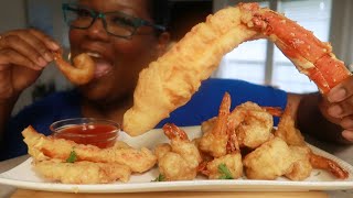 BEER BATTERED KING CRAB AND SHRIMP COOKING AND EATING [upl. by Mctyre290]