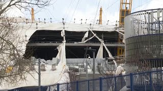 Storm Eunice Londons O2 Arena roof shredded by the wind  AFP [upl. by Seigel]