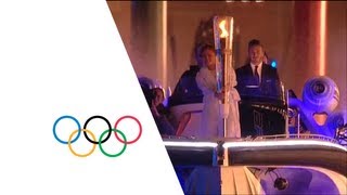 David Beckham amp Sir Steve Redgrave Pass Olympic Torch  London 2012 Opening Ceremony [upl. by Iaverne]