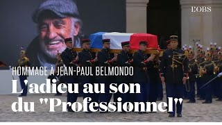 Le cercueil de JeanPaul Belmondo quitte les Invalides au son de quotChi Maiquot dEnnio Morricone [upl. by Enihsnus]