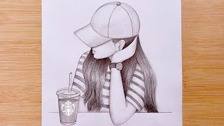 How to draw A girl with Starbucks Iced Coffee  step by step  Pencil Sketch for beginners [upl. by Ribal]