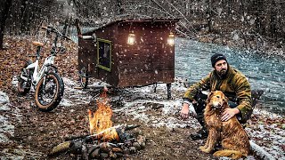 SNOWY NIGHT IN A BIKE CAMPER by a River [upl. by Leahciam168]