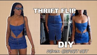 DIY DENIM CORSET  MINI SKIRT SET  THRIFT FLIP [upl. by Amerak]