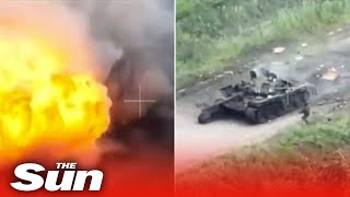 Russian tank EXPLODES in a ball of flame as Ukrainian forces strike [upl. by Aluk]