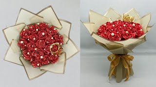 DIY  How To Make A Bouquet Of Roses From Satin Ribbons Easy  Bouquet Of Artificial Roses [upl. by Bina441]