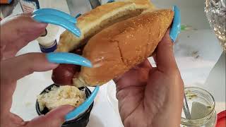 DLB NAILS  LONG NAILS  ASMR  Making a Hot Dog with Light Blue Long Nails with pics at end 💗💗💗 [upl. by Ecinuahs]