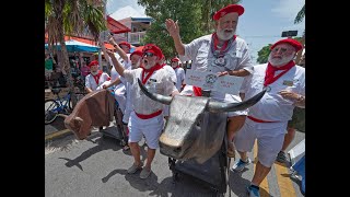 Hemingway LookAlikes Stage ‘Running of the Bulls’ Spoof in Key West 2024 [upl. by Thelma582]