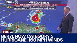 Hurricane Beryl reaches CATEGORY 5 status winds at 160 miles per hour [upl. by Eillim]