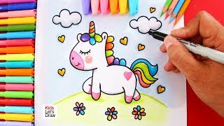 Aprende a dibujar un UNICORNIO de colores paseando sobre una PRADERA [upl. by Adonis]