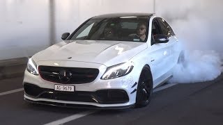 TUNED Mercedes C63 AMG in Monaco  Burnouts amp LOUD Exhaust Sounds [upl. by Dagley872]