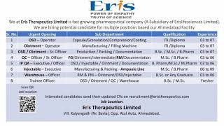 Freshers amp Experience BPharmMScMPharmaMscAny DegreeITIDiploma At Eris Therapeutics Ltd [upl. by Luanne]