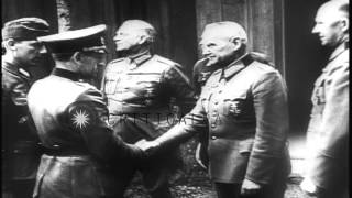 German Generals meet with Hitler at forest headquarters cabin Wolfs Lair near HD Stock Footage [upl. by Durr205]