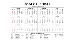 Free Year 2024 Calendar Printable with Holidays  Wiki Calendar [upl. by Yhtomot324]