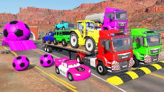 Double Flatbed Trailer Truck vs Speedbumps Train vs Cars  Tractor vs Train BeamngDrive 06 [upl. by Ricketts]