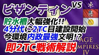 【AoE4】パッチで貯水槽超強化！ 4分代で2TC目を建設し始めて内政差で敵を打ち破る『ビザンティン即2TC』戦術紹介。この文明内政最強では！？【リプレイ解説】 [upl. by Swithbart]