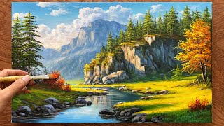 Techniques for painting beautiful mountain and forest scenes  Acrylic painting  A Lu Art [upl. by Leahcimnhoj]