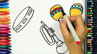 Come disegnare e colorare strumenti musicali 🎺  Colori  Disegno  Come colorare per bambini [upl. by Ater]