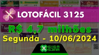 Resultado da Lotofácil 3125 Segundafeira 10062024  GIGASENA [upl. by Asaret]