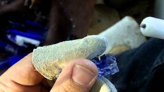 209  Bottle Bottom Knapping  Indirect Percussion on Blue Glass Arrowhead Part 2 [upl. by Alisander]