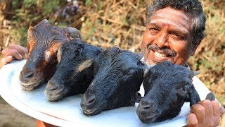 4 GOAT HEADS RECIPE  Goat Heads Curry Cooking and Eating in Village  Farmer Cooking Channel [upl. by Yrrep]