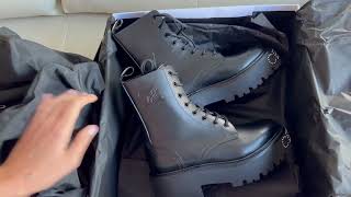 CELINE LACEUP BOOT WITH TRIOMPHE AND STUDDED OUTSOLE BULKY IN SHINY BULL BLACK UNBOXING [upl. by Johny403]