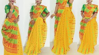 গায়ে হলুদে শাড়ি পরবে কিভাবে  NEW STYLE YELLOW JAMDANI SAREE DRAPING [upl. by Alegnave]