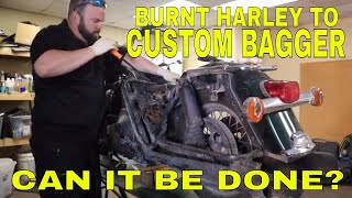 Burnt Harley turned Custom Bagger ll Part 1 ll Can We Do It ll Budget Rebuilds [upl. by Baggs749]