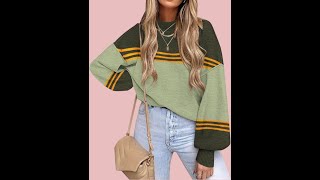 ETCYY Womens Sweaters Fall 2024 Batwing Long Sleeve Side Slit Knit Tops Crew Neck Striped Oversized [upl. by Gun]