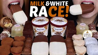 ASMR MILK amp WHITE CHOCOLATE RACE BIG FRESH CREAM MOCHI ICE CREAM DUO BARS FERRERO HEART MACARONS [upl. by Ellennahs]