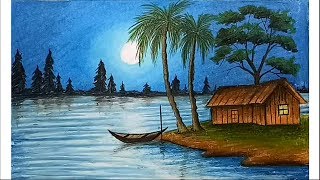 How to paint a scenery of moonlit night with oil pastels step by step [upl. by Giuditta296]