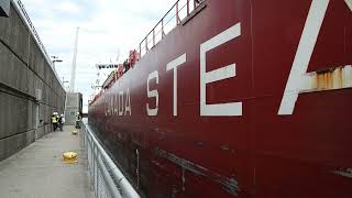 See 740foot long freighter pass through Soo Locks [upl. by Sclar838]