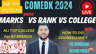 COMEDK 2024 Live Marks Vs Rank Vs College  Safe Score College Wise  Result date comedk cutoff [upl. by Johan]