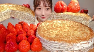 ASMR Crepe Cake and Strawberries【Mukbang Eating Sounds】【English subtitles】 [upl. by Rexana17]