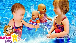 Kids play baby dolls Bianca amp mermaid at the swimming pool Family fun video Summer safety rules [upl. by Sasnett]