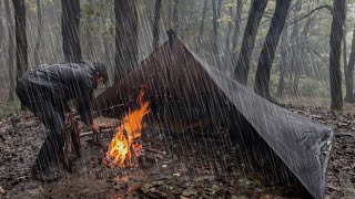 SOLO CAMPING in RAIN STORM  Relaxing in the Tent shelter ASMR [upl. by Ymma]