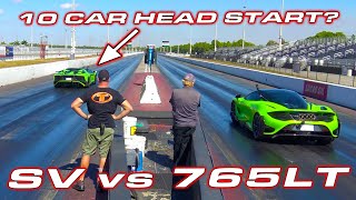 Lambo needs 10 car head start  Aventador SV vs McLaren 765LT Drag Race [upl. by Yelehsa]