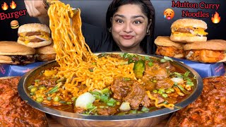 SPICY SCHEZWAN MUTTON CURRY NOODLES AND CHICKEN BURGERS WITH BUTTER CHICKEN  ASMR EATING SHOW [upl. by Annaegroeg]