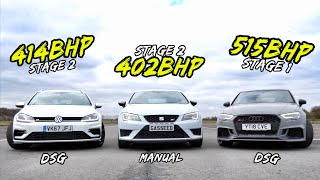 OMG 402BHP LEON CUPRA VS 515BHP AUDI RS3 VS 414BHP VW GOLF R [upl. by Ybreh]